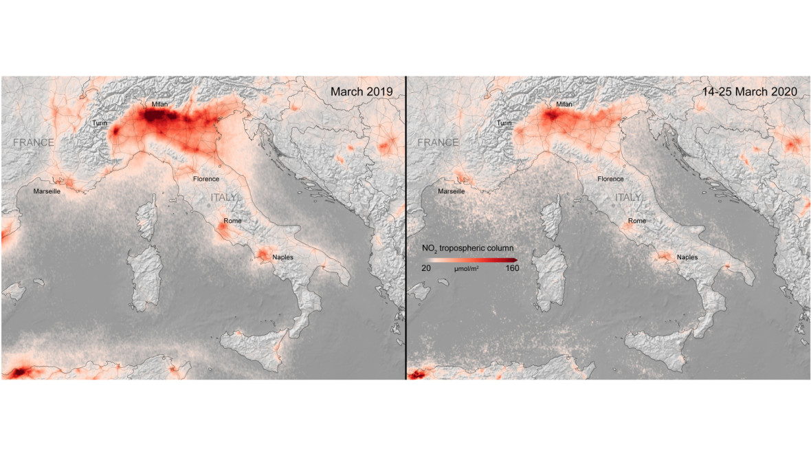 Nitrogen dioxide concentrations over Italy from 14 to 25 March 2020, compared to the monthly average concentrations from 2019.